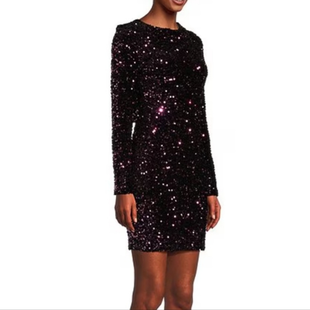 Allison+Kelly Mini Dress M Black Velvet Fuchsia Sequins Long Sleeve Back Tie New